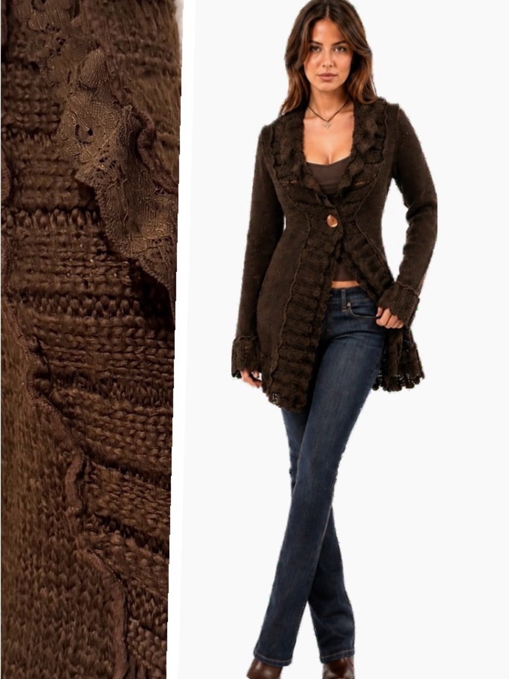 Chico's, Dark Brown Crochet/ LaceTrim Knit Cardigan Y2K, Size 2 (Large)